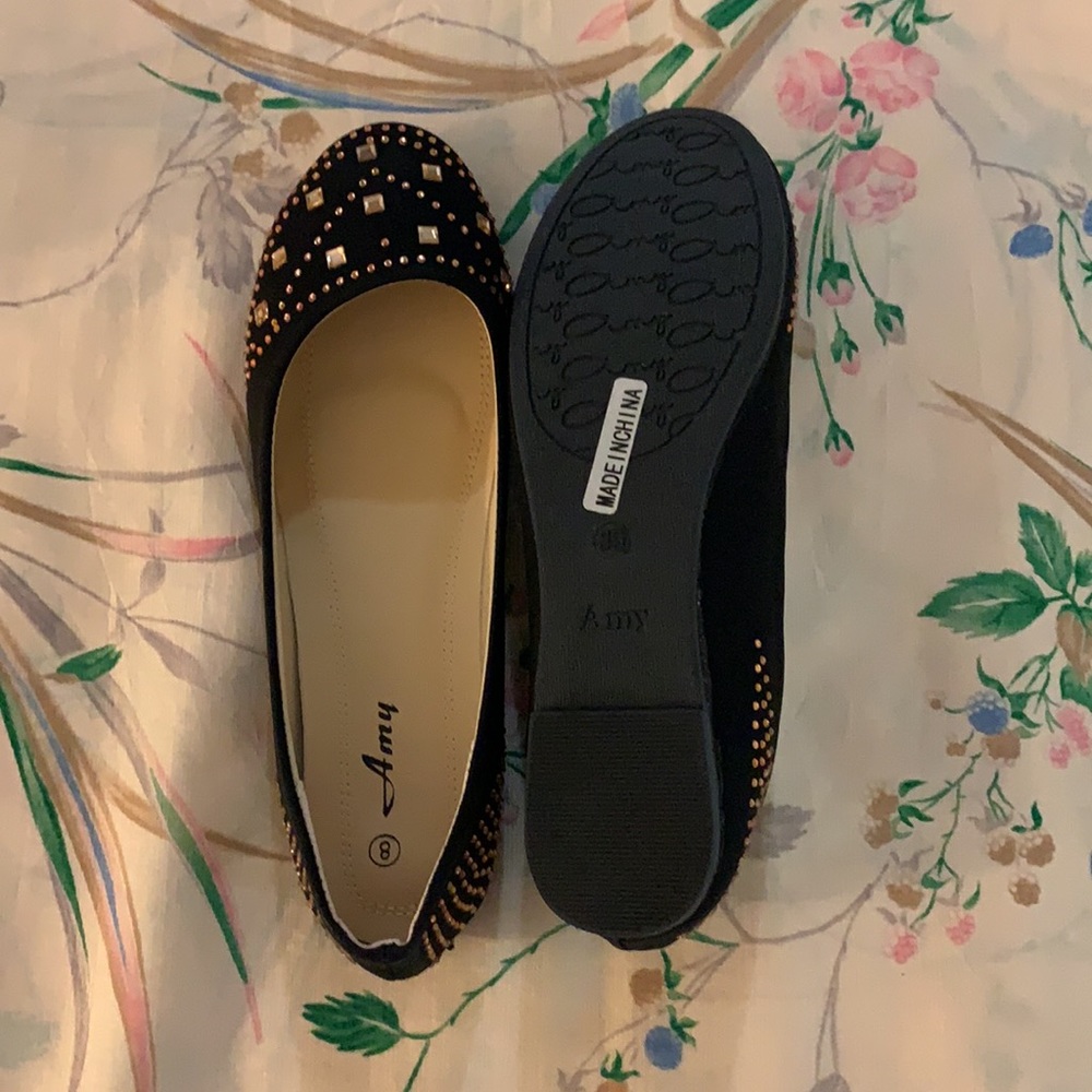 NIB Black and Brown Bejeweled Flats - Picture 6 of 8